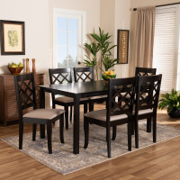 Baxton Studio RH330C-Sand/Dark Brown-7PC Dining Set Verner Modern and Contemporary Sand Fabric Upholstered Dark Brown Finished 7-Piece Wood Dining Set